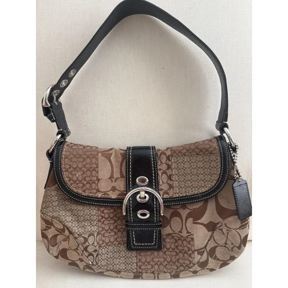 Vintage y2k Coach Soho Patchwork Hobo Bag Signature Jacquard Leather Trim Buckle